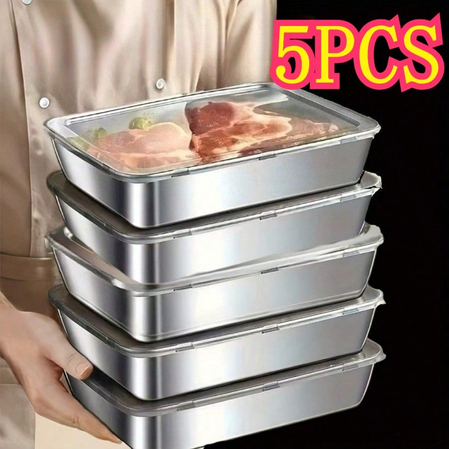 Kitchen Gadgets Organizer - 高級感のある、液漏れしにくいステンレス製食品保存容器5個セット。410ステンレス鋼を使用し、耐久性に優れ、重ねて収納できる密閉蓋付き。サラダ、果物、肉、野菜などを新鮮に保ち、お手入れも簡単なモダンなデザイン。家庭用および業務用キッチンに最適。