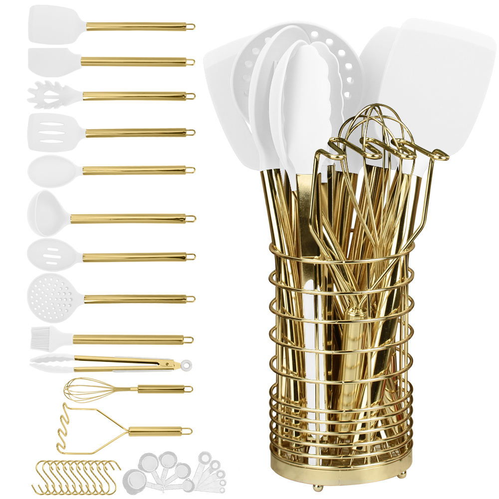 Kitchen Gadgets Gold - 15点セット調理器具セット、食品グレードシリコン製キッチン調理器具と食器、スパチュラとスプーン、実用的な調理器具セット